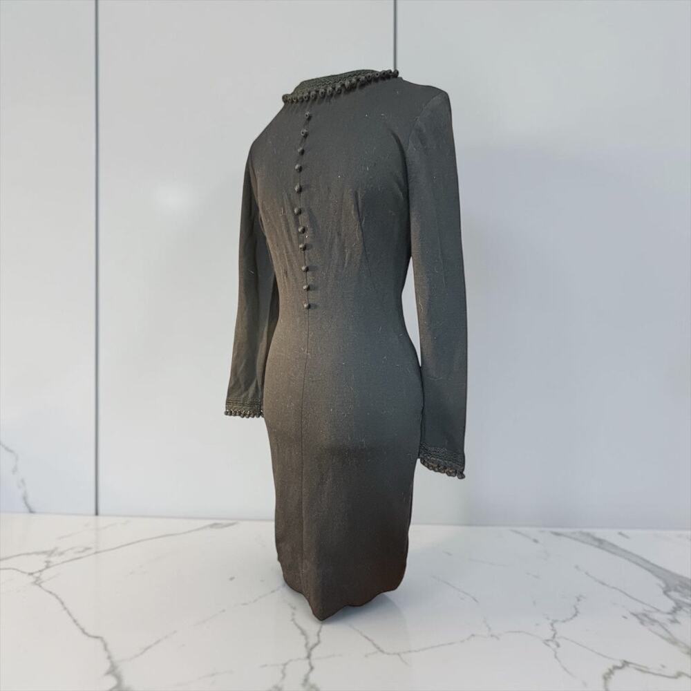 1960s Black Wiggle Dress Gothic Mod Pom Pom Trim Bodycon Knit Cocktail mended